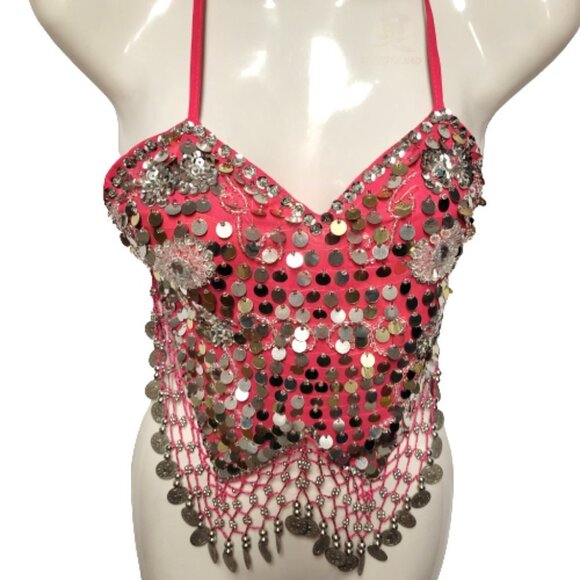 Pink Sequin Halter Crop Top Silver Sequin Backless Belly Dancing Tops NEW - Picture 5 of 11